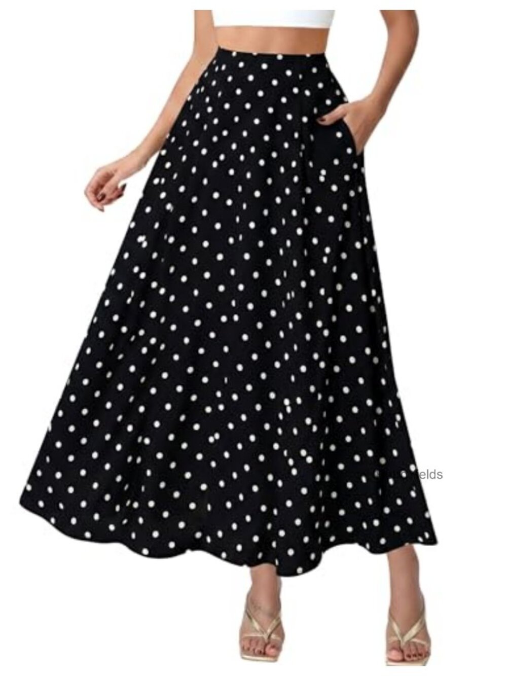 Flowy Polka Dot Maxi Skirt with Pockets, A-Line Long Ruffle Skirt